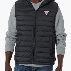 NWT GUESS? Black Puffer Vest with hood Large